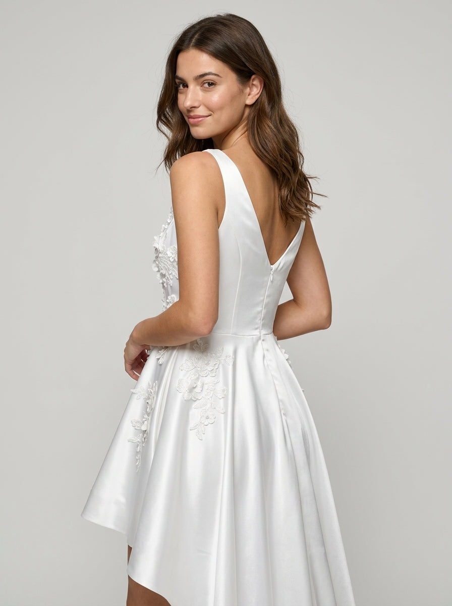 Elegant A-Line V-Neck Floral High-Low Satin Homecoming Dress