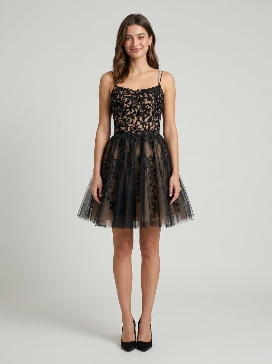 Elegant Floral Embroidered A-Line Scoop Neck Spaghetti Strap Lace-Up Back Mini Homecoming Dresses