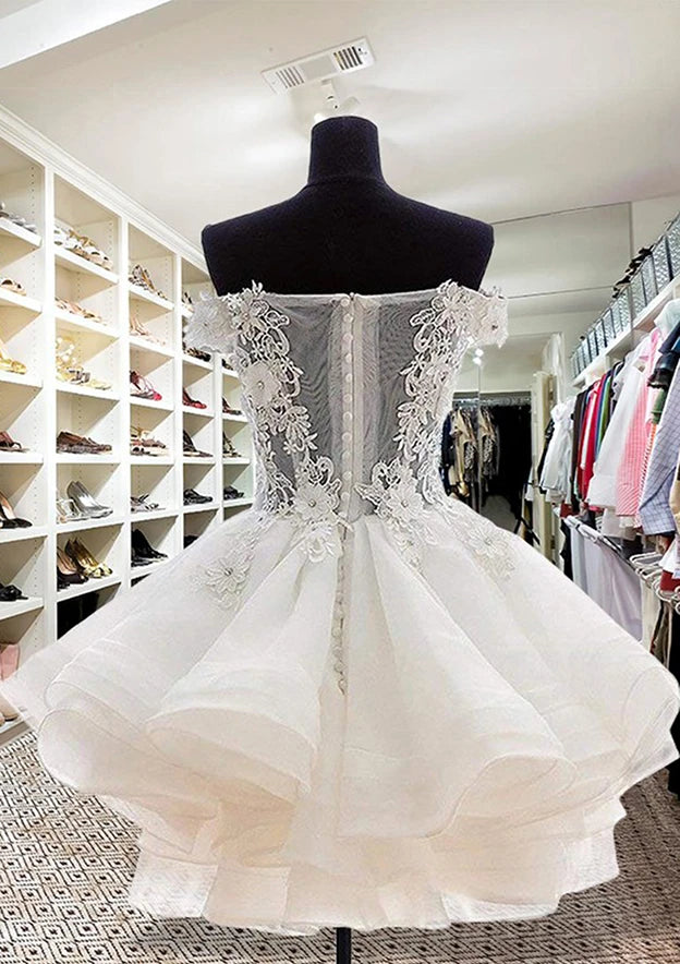 Elegant Fluffy A-line Off-Shoulder Sweetheart Short Sleeve Sheer Lace Back Short Homecoming Dresses