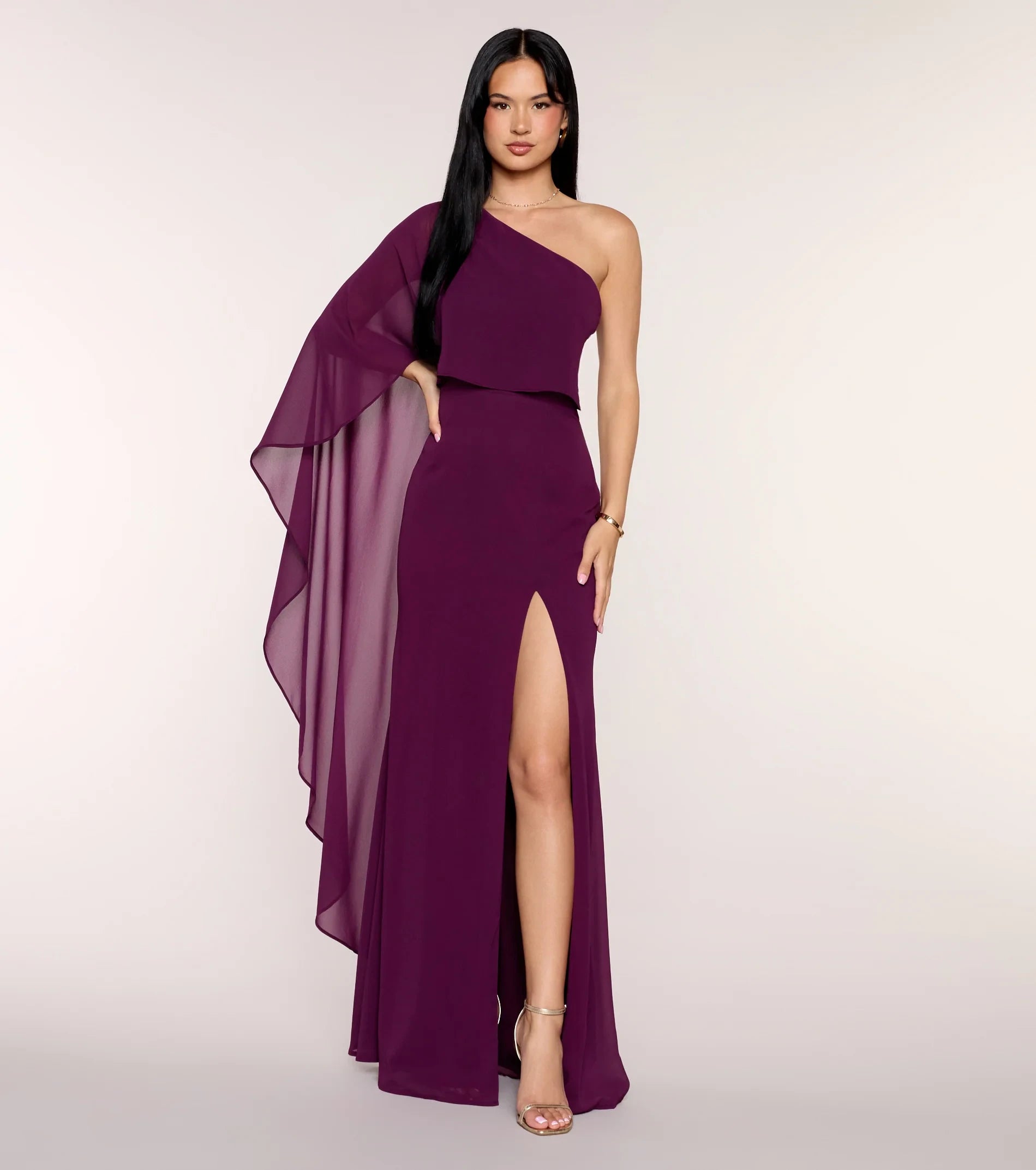 Elegant One-Shoulder Asymmetrical Neck Draped Cape Sleeve Floor-Length Sheath Prom Dresses with High Slit
