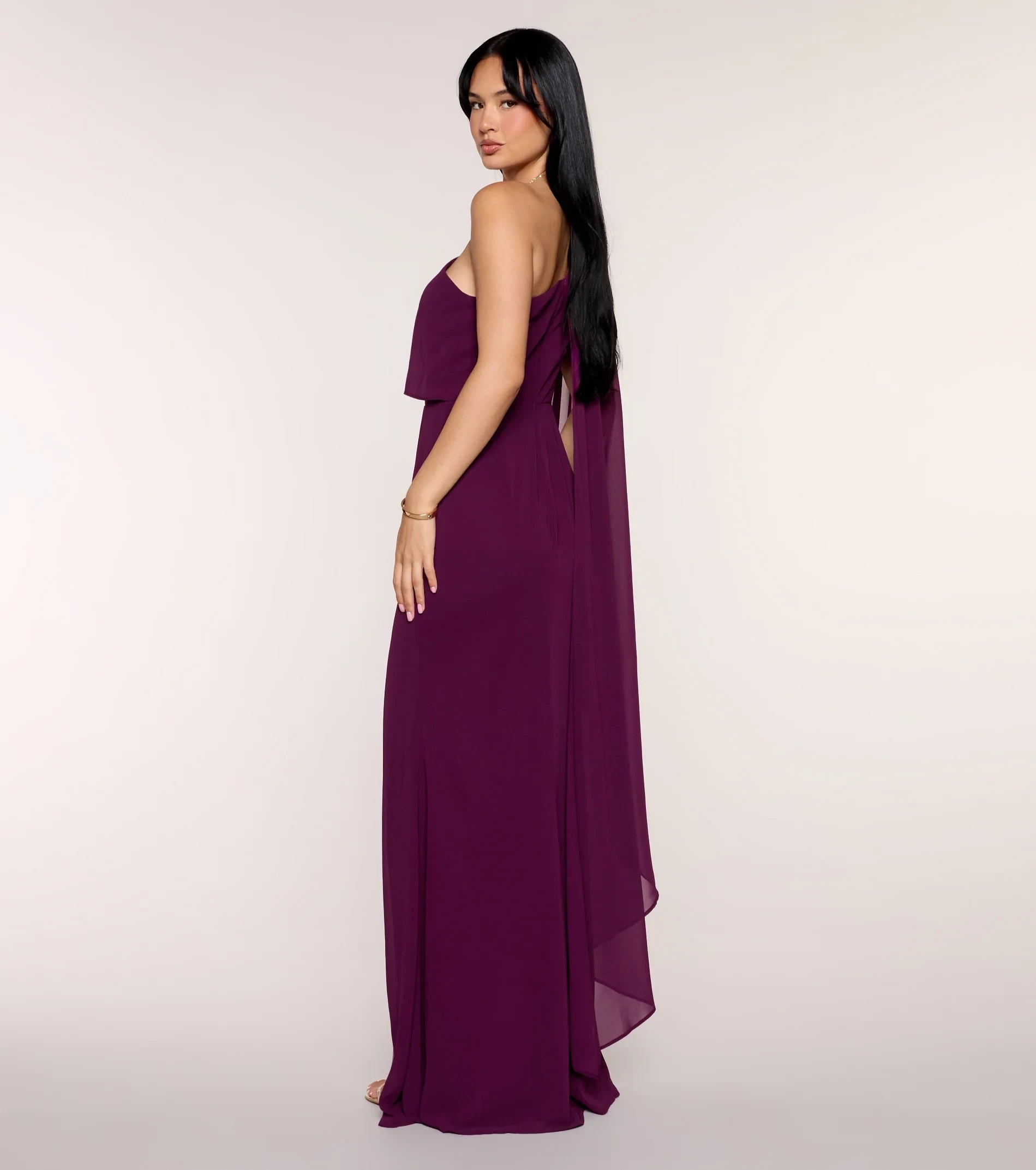 Elegant One-Shoulder Asymmetrical Neck Draped Cape Sleeve Floor-Length Sheath Prom Dresses with High Slit