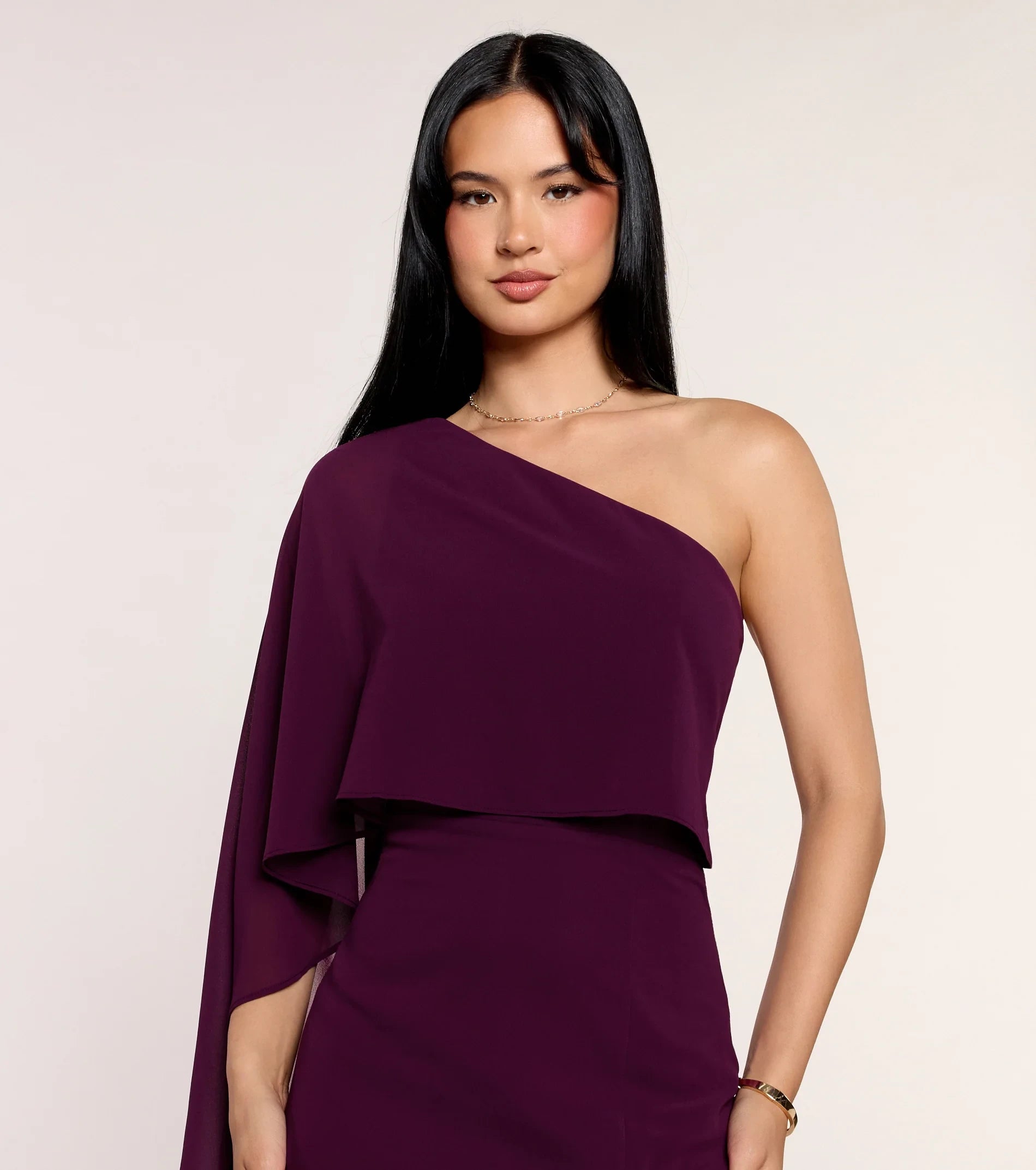 Elegant One-Shoulder Asymmetrical Neck Draped Cape Sleeve Floor-Length Sheath Prom Dresses with High Slit