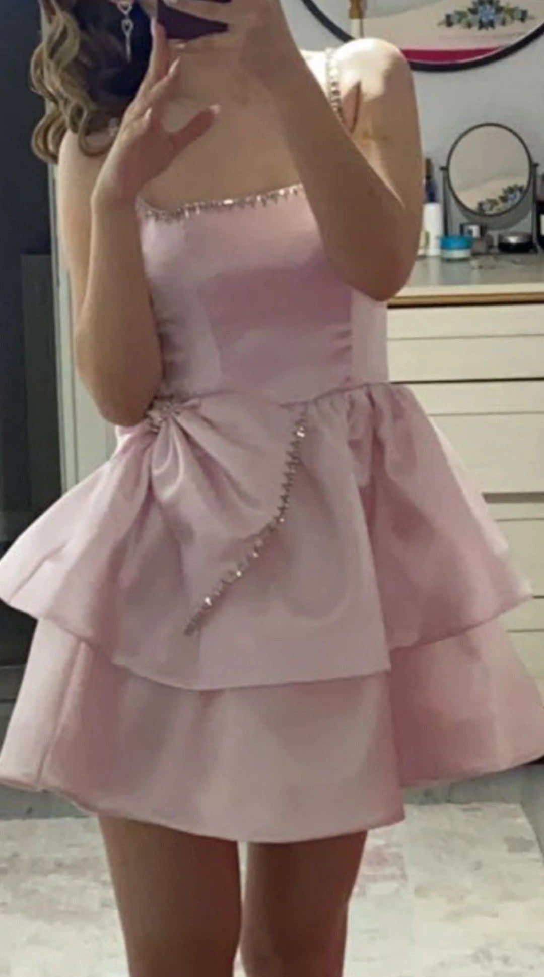Elegant Pink A-Line Straight Neckline Sleeveless Tiered Short Rhinestone Homecoming Dresses
