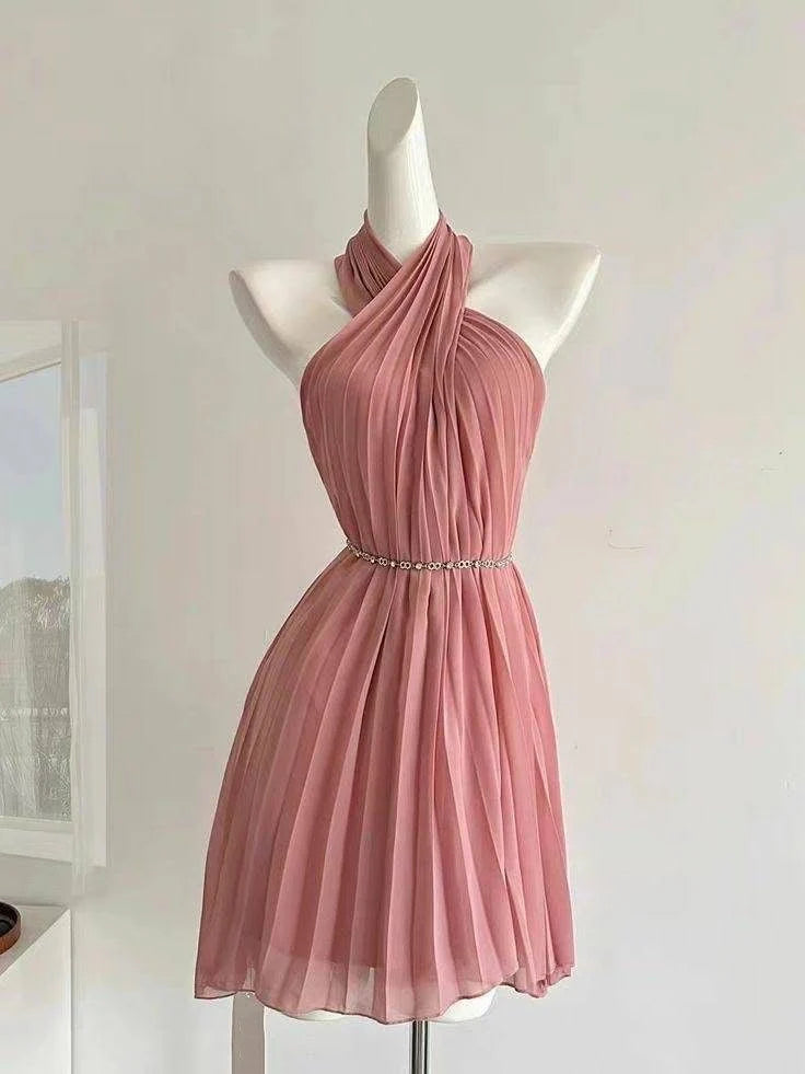 Elegant Pleated A-line Halter Sleeveless Short Homecoming Dress with Embellished Waist