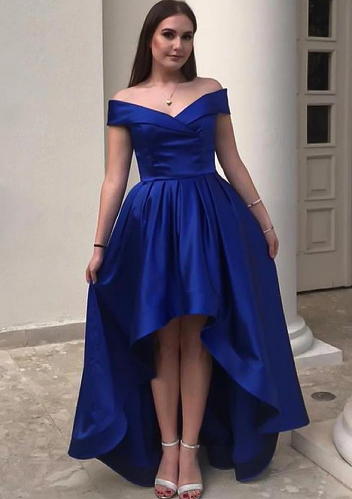 Elegant Royal Blue A-Line Off-Shoulder Sweetheart High-Low Homecoming Dresses with Cap Sleeves