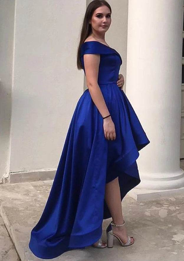 Elegant Royal Blue A-Line Off-Shoulder Sweetheart High-Low Homecoming Dresses with Cap Sleeves