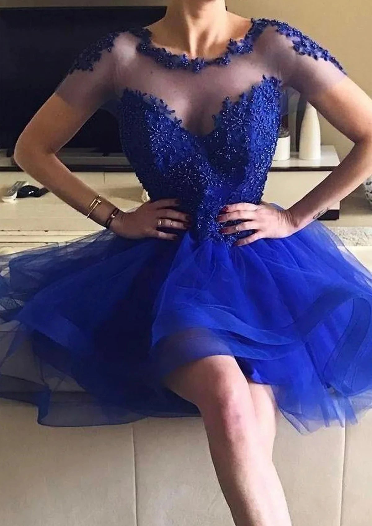 Elegant Royal Blue Illusion Jewel Neck Short Sleeve V-Back A-Line Beaded Mini Homecoming Dress
