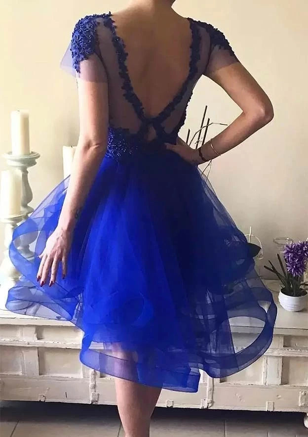 Elegant Royal Blue Illusion Jewel Neck Short Sleeve V-Back A-Line Beaded Mini Homecoming Dress