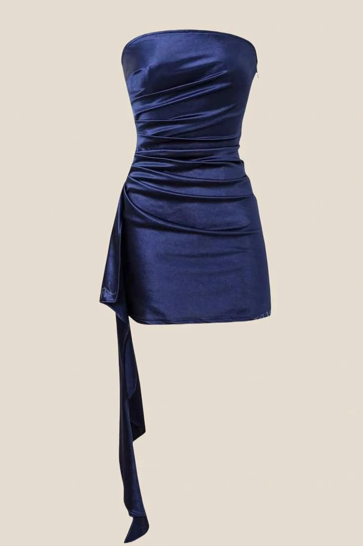 Elegant Ruched Bodycon Strapless Sleeveless Mini Homecoming Dresses with Asymmetrical Drape