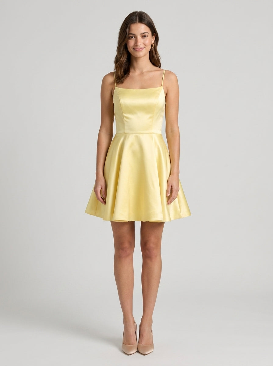 Elegant Satin A-Line Square Neck Sleeveless Lace-Up Back Short Homecoming Dresses
