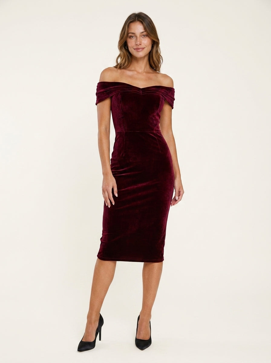 Elegant Velvet Off-Shoulder Midi Homecoming Dress