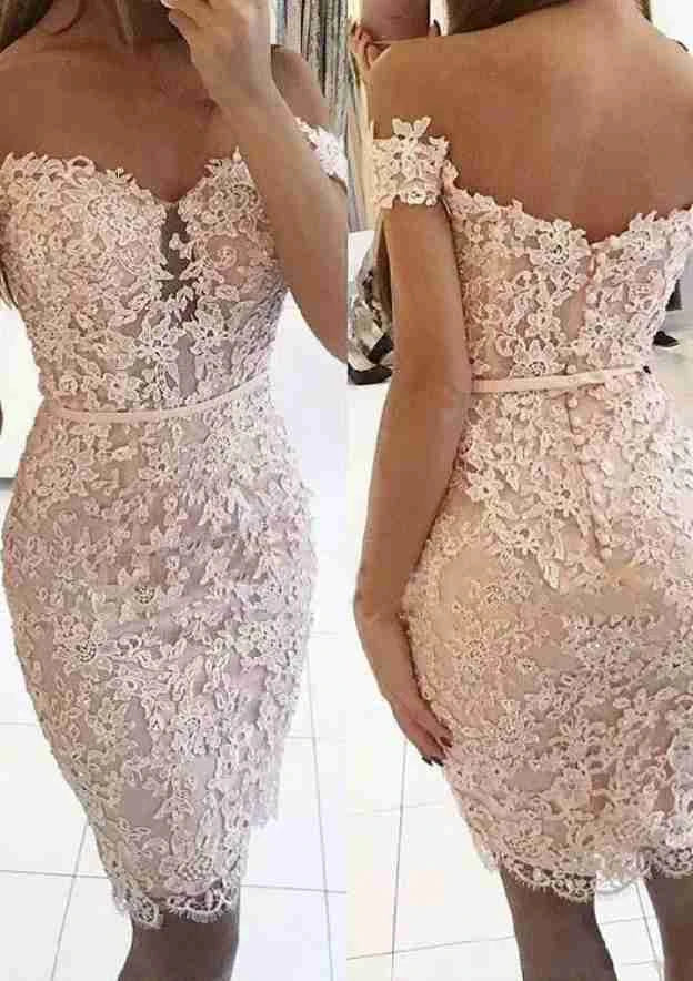 Elegant Sheath Off-Shoulder Sweetheart Short Sleeve Zipper Back Knee-Length Lace Applique Homecoming Dresses