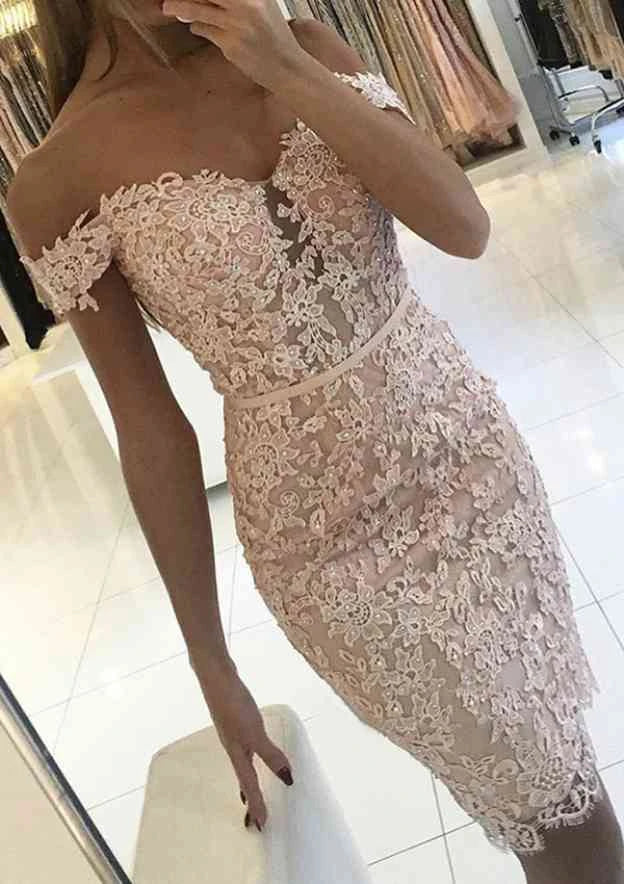 Elegant Sheath Off-Shoulder Sweetheart Short Sleeve Zipper Back Knee-Length Lace Applique Homecoming Dresses