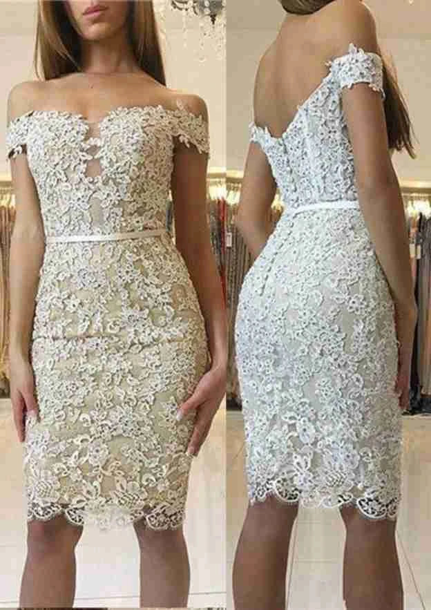 Elegant Sheath Off-Shoulder Sweetheart Short Sleeve Zipper Back Knee-Length Lace Applique Homecoming Dresses