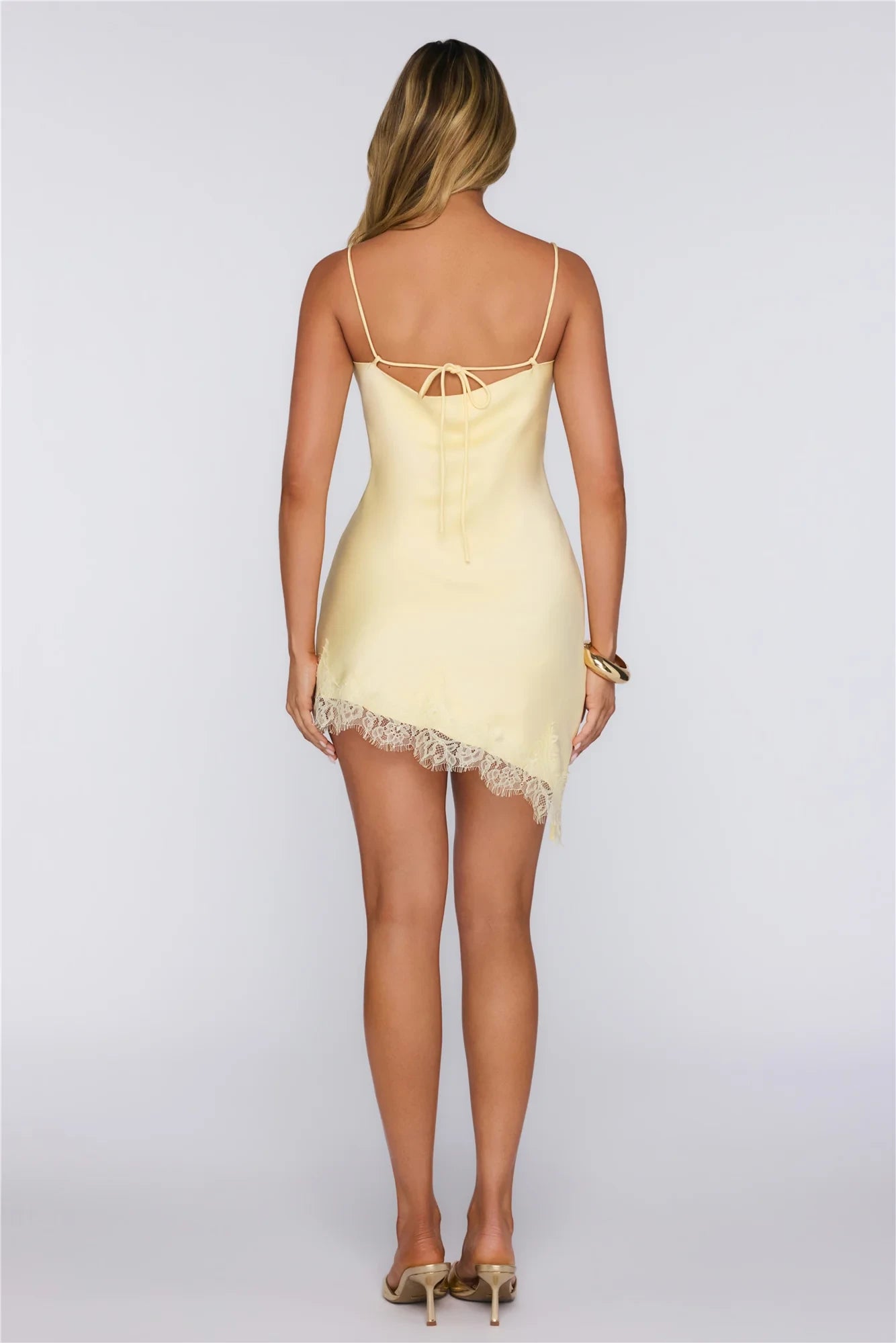 Elegant Sheath V-Neck Spaghetti Strap Tie-Back Asymmetrical Lace Trim Mini Homecoming Dress for Parties