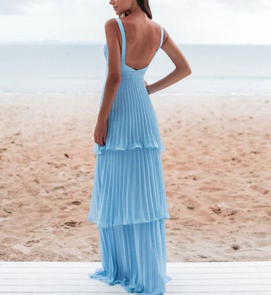 Elegant Sky Blue Pleated Chiffon Tiered Spaghetti Strap Open Back Floor-length Evening Dresses