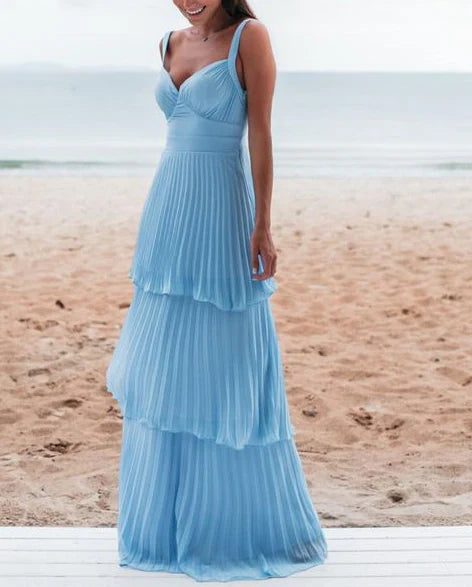 Elegant Sky Blue Pleated Chiffon Tiered Spaghetti Strap Open Back Floor-length Evening Dresses