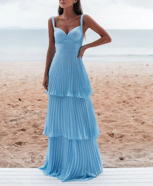 Elegant Sky Blue Pleated Chiffon Tiered Spaghetti Strap Open Back Floor-length Evening Dresses