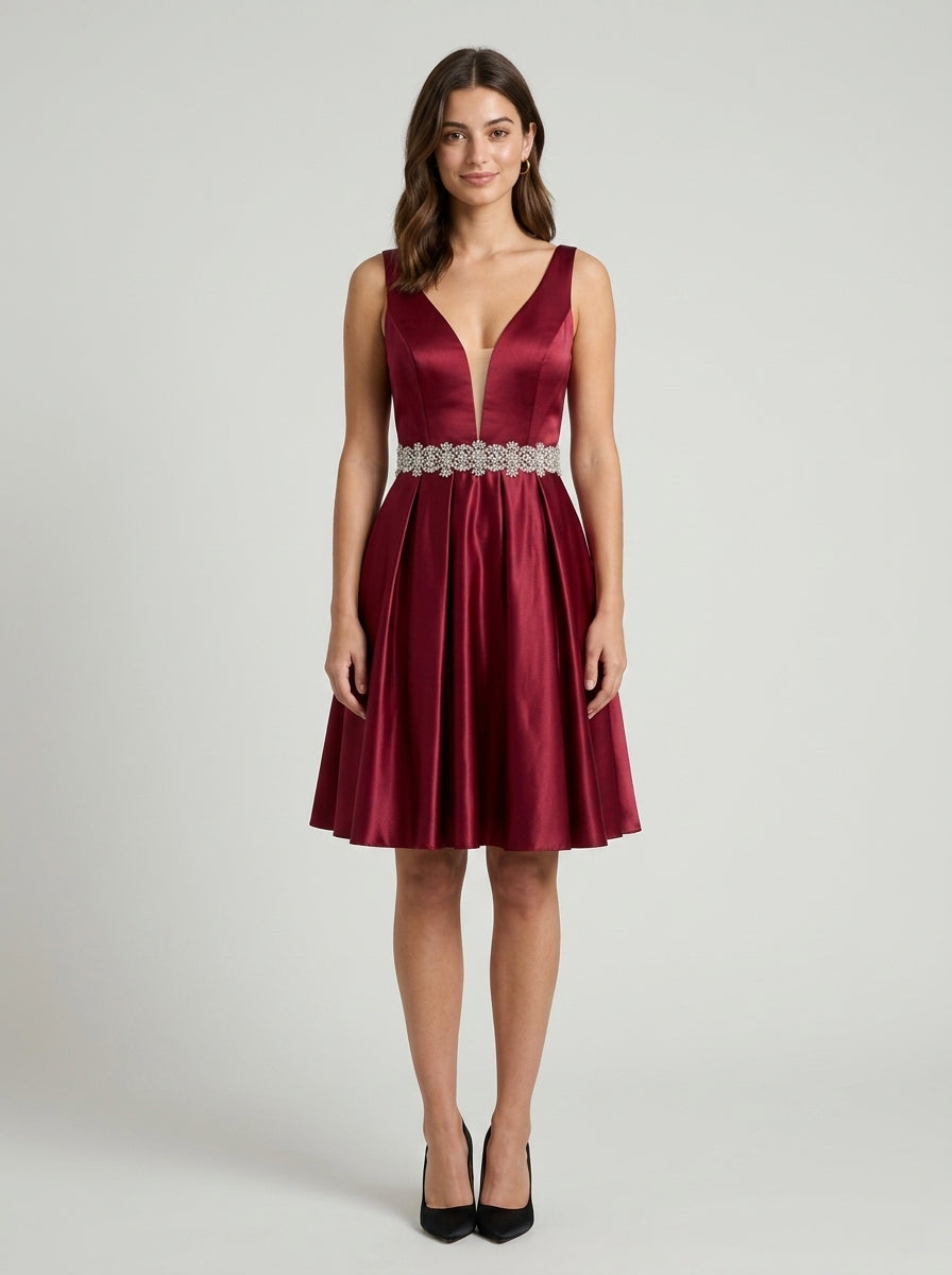 Elegant Sparkling A-Line Deep V-Neck Sleeveless Low V-Back Knee-Length Homecoming Dresses