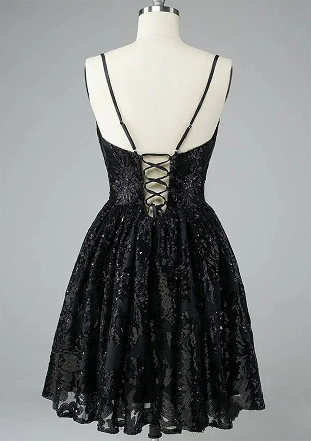 Elegant Sparkling A-Line Deep V-Neck Spaghetti Strap Lace-Up Back Short Homecoming Dresses