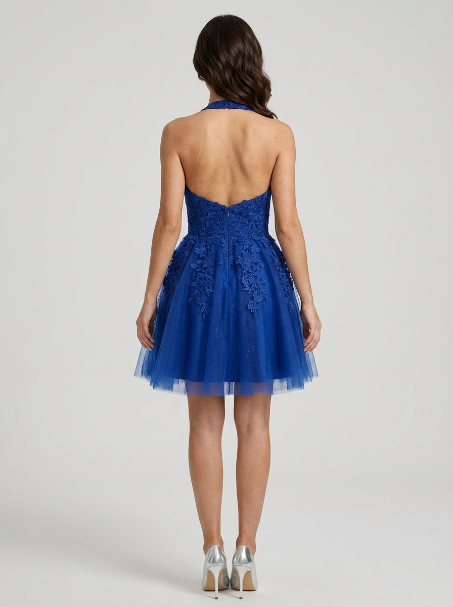 open back hoco dresses Royal Blue A-Line Halter Homecoming Dress Colour:Wavy Baby Paloma Dress, 8 | ICON_MachineWashable_WrinkleResistant Promgirl satiny finish with continued
