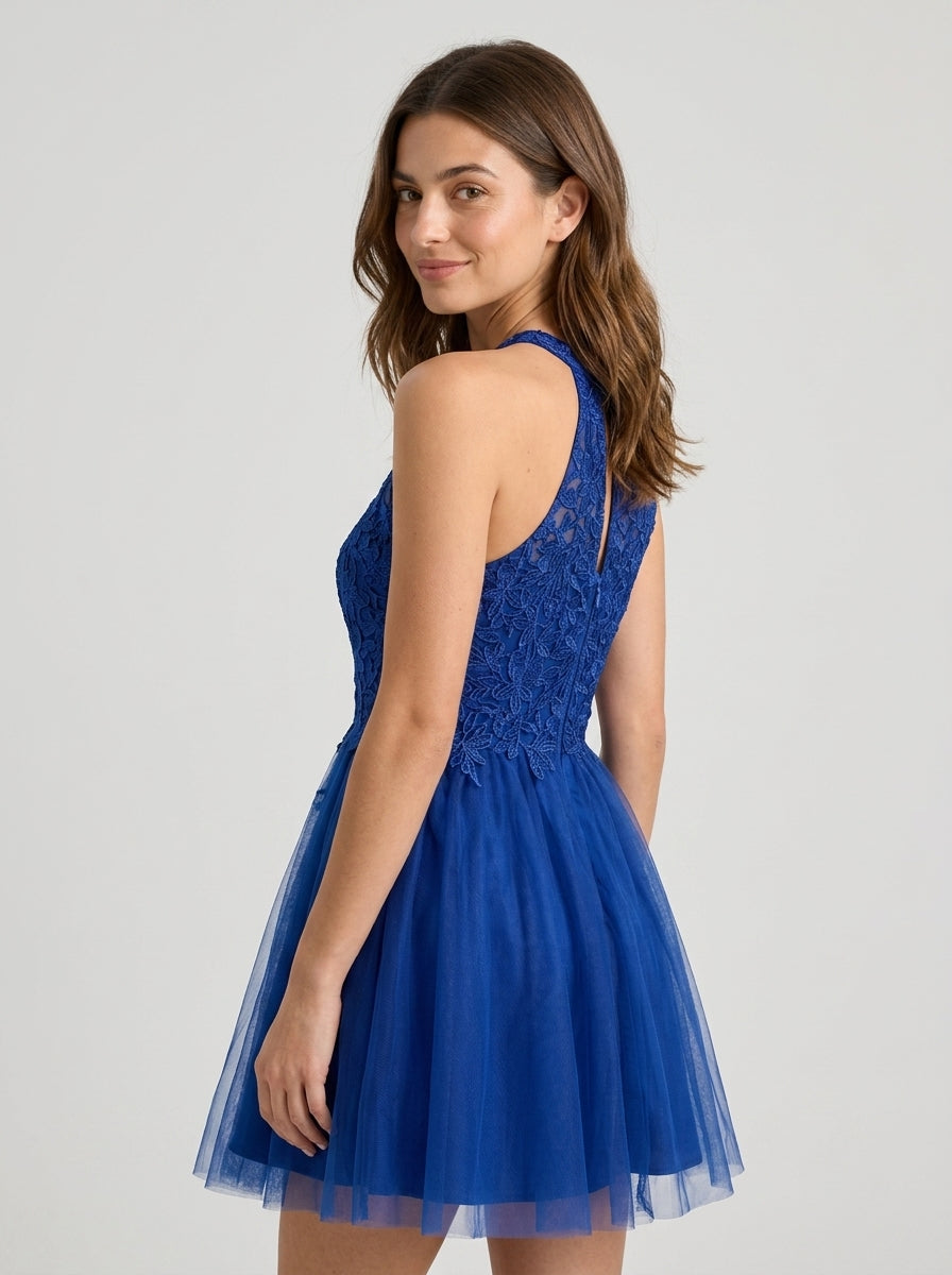 Elegant Sparkling A-Line Illusion Halter Sleeveless Open Back Short Homecoming Dresses