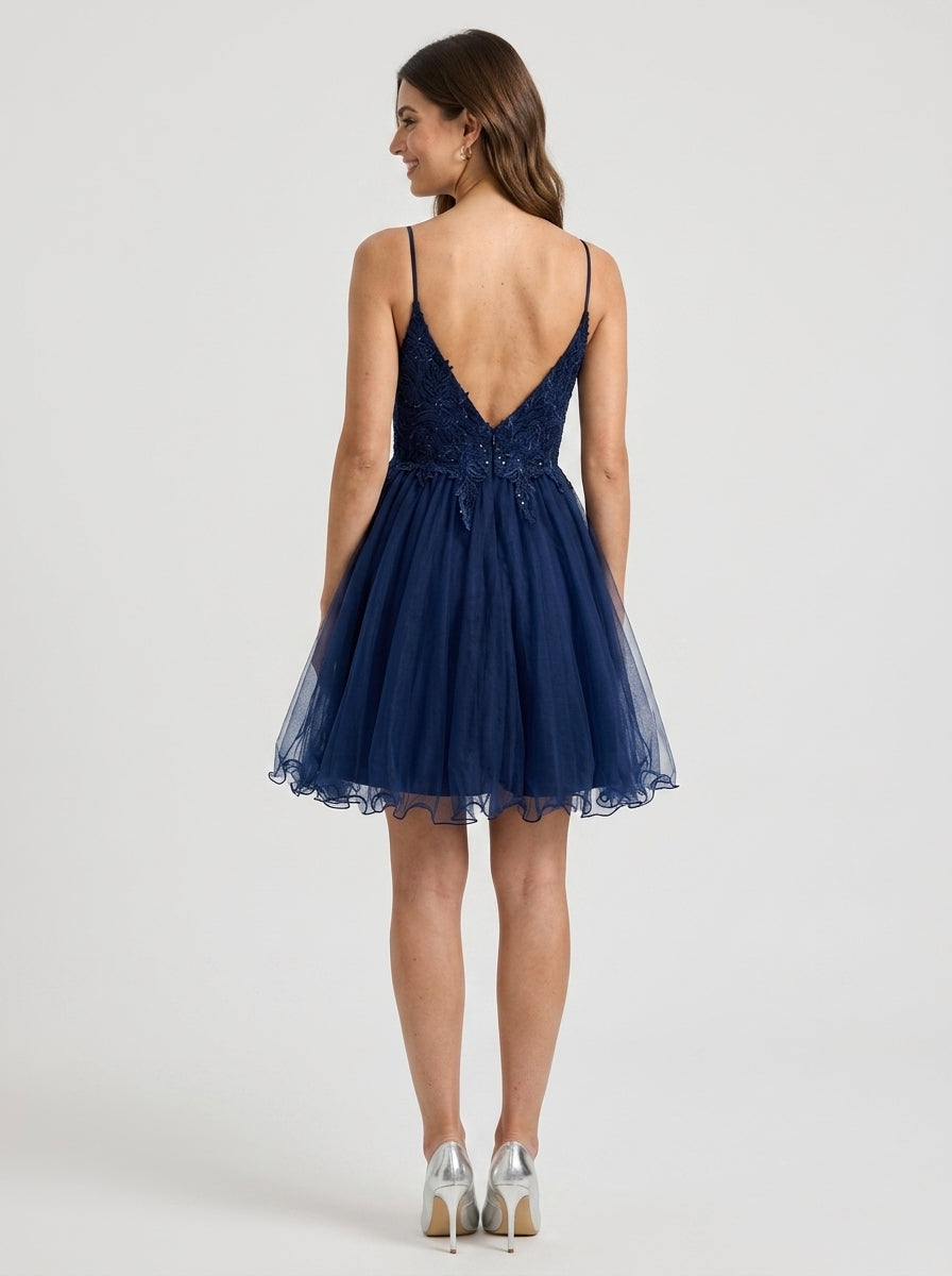 Elegant Sparkling A-Line V-Neck Spaghetti Strap Criss-Cross Open Back Short Homecoming Dresses
