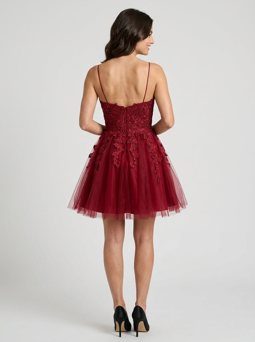 Elegant Sparkling A-Line V-Neck Spaghetti Strap Low V-Back Short Homecoming Dresses