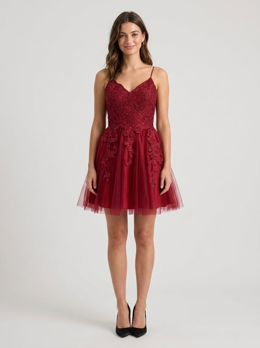 Elegant Sparkling A-Line V-Neck Spaghetti Strap Low V-Back Short Homecoming Dresses