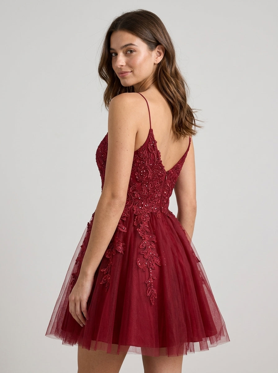 Elegant Sparkling A-Line V-Neck Spaghetti Strap Low V-Back Short Homecoming Dresses