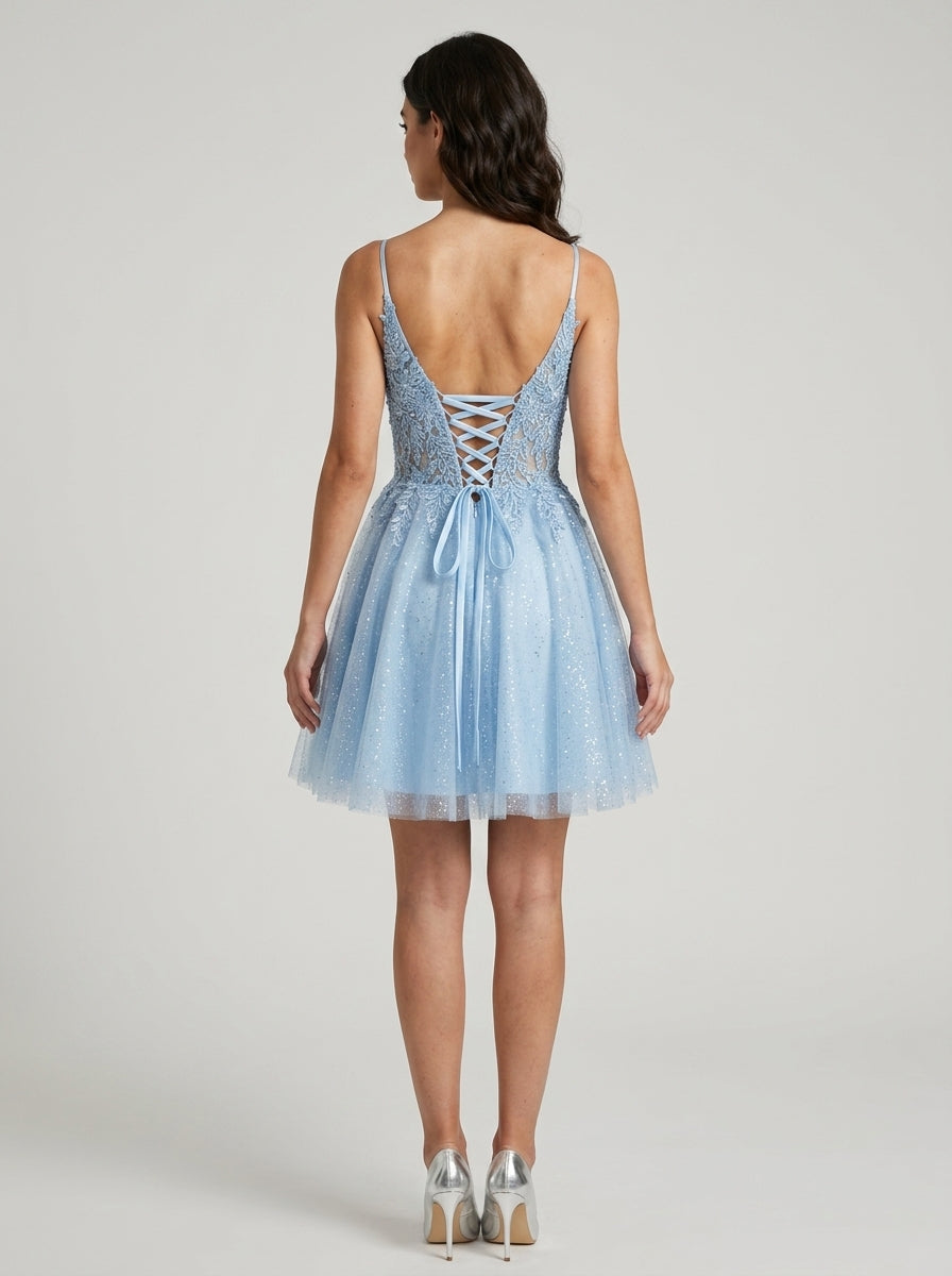 Elegant Sparkling A-line V-neck Spaghetti Strap Lace-up Back Short Homecoming Dresses