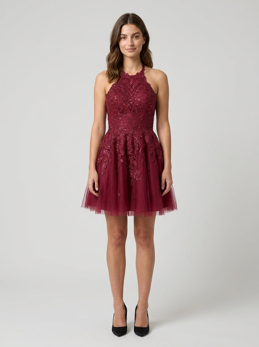 Elegant Sparkling Embellished A-Line Halter Neck Sleeveless Lace-Up Back Short Homecoming Dresses