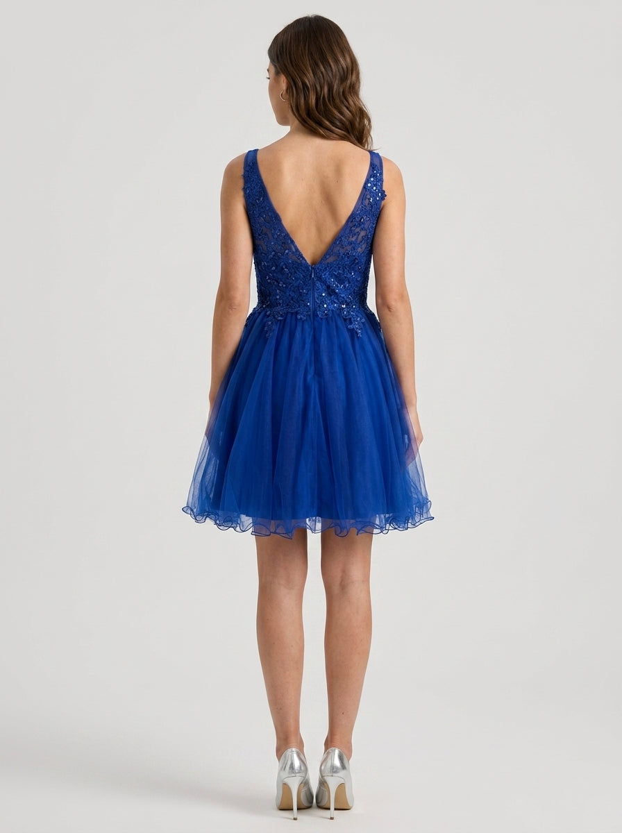 Elegant A-Line V-Neck Sparkling Tulle Royal Blue Short Homecoming Dress