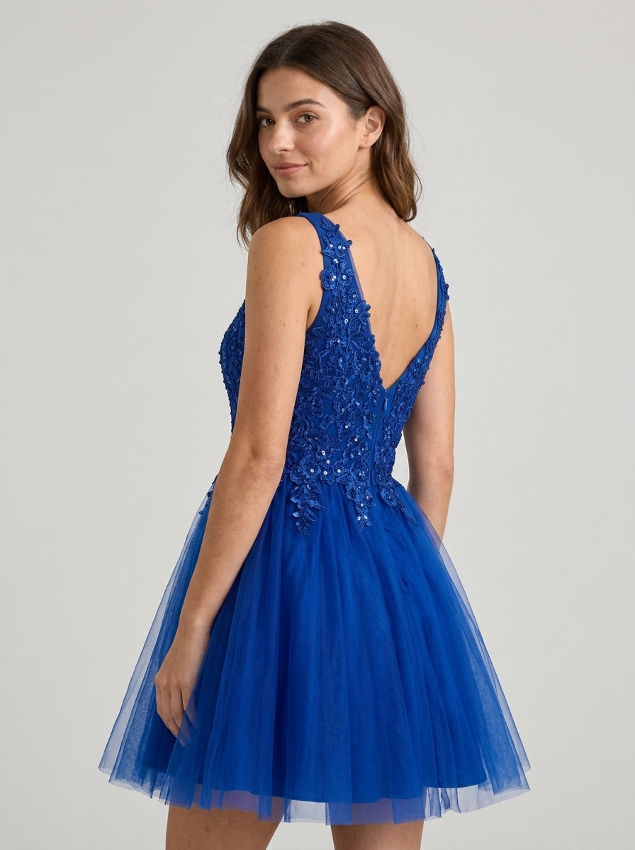 Elegant A-Line V-Neck Sparkling Tulle Royal Blue Short Homecoming Dress