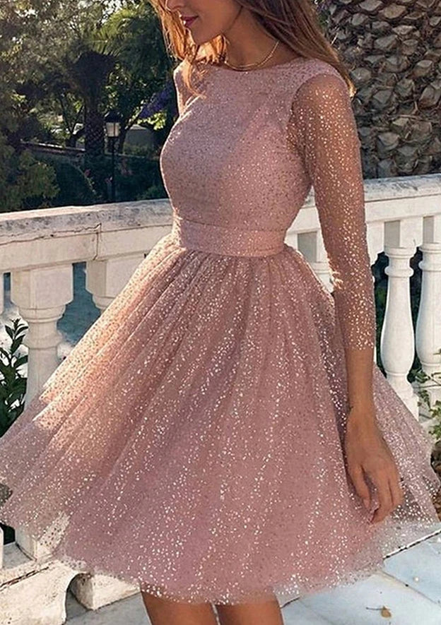 Elegant Sparkly A-Line Round Neck Sheer Long Sleeve Low Scoop Back Mini Homecoming Dresses