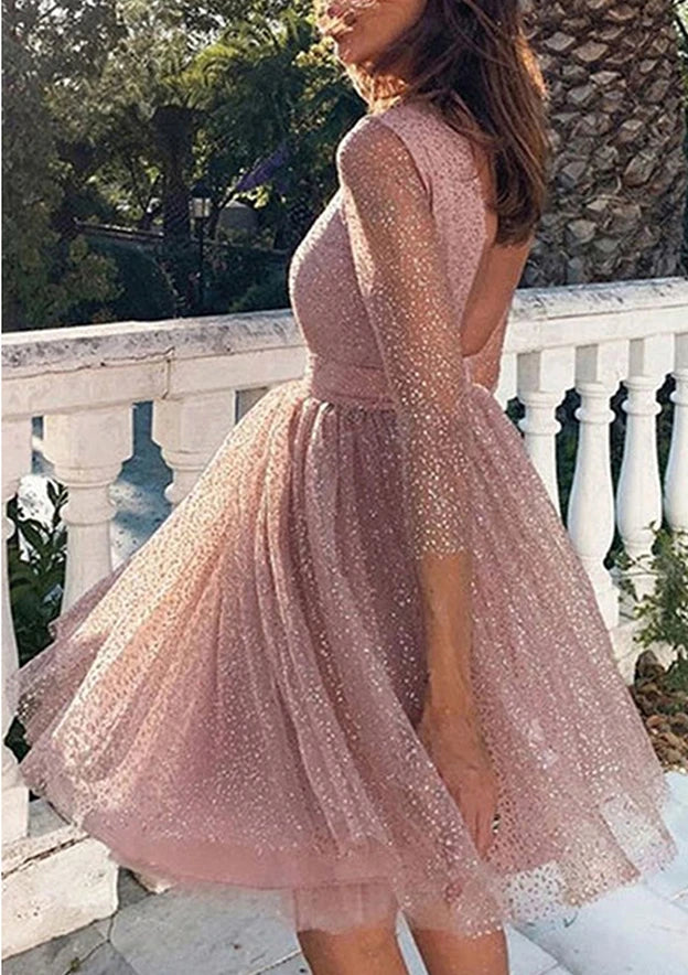 Elegant Sparkly A-Line Round Neck Sheer Long Sleeve Low Scoop Back Mini Homecoming Dresses