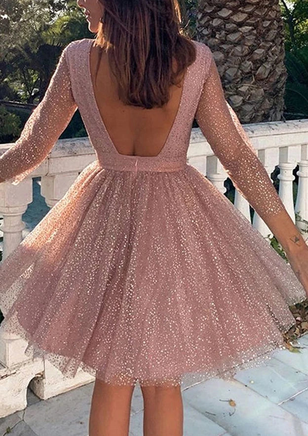 Elegant Sparkly A-Line Round Neck Sheer Long Sleeve Low Scoop Back Mini Homecoming Dresses