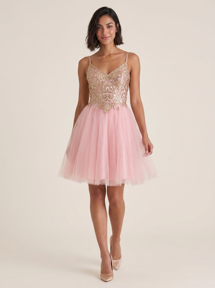 Elegant Sparkly A-Line V-Neck Spaghetti Strap Low V-Back Short Homecoming Dresses
