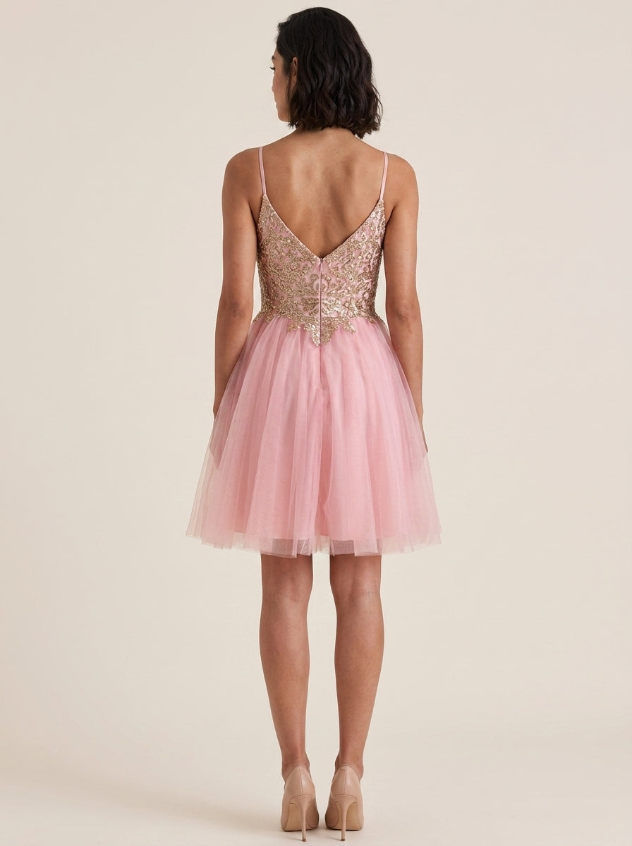 Elegant Sparkly A-Line V-Neck Spaghetti Strap Low V-Back Short Homecoming Dresses