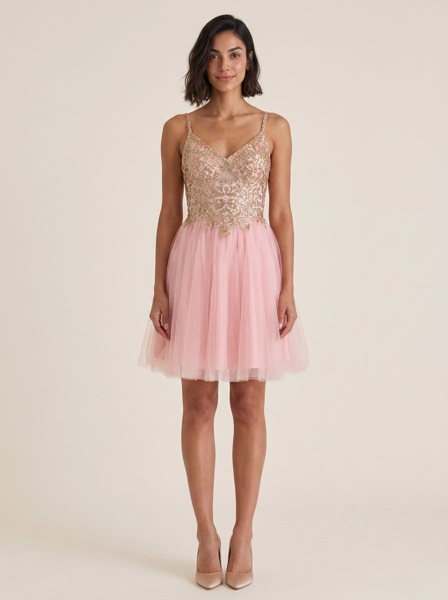 Elegant Sparkly A-Line V-Neck Spaghetti Strap Low V-Back Short Homecoming Dresses