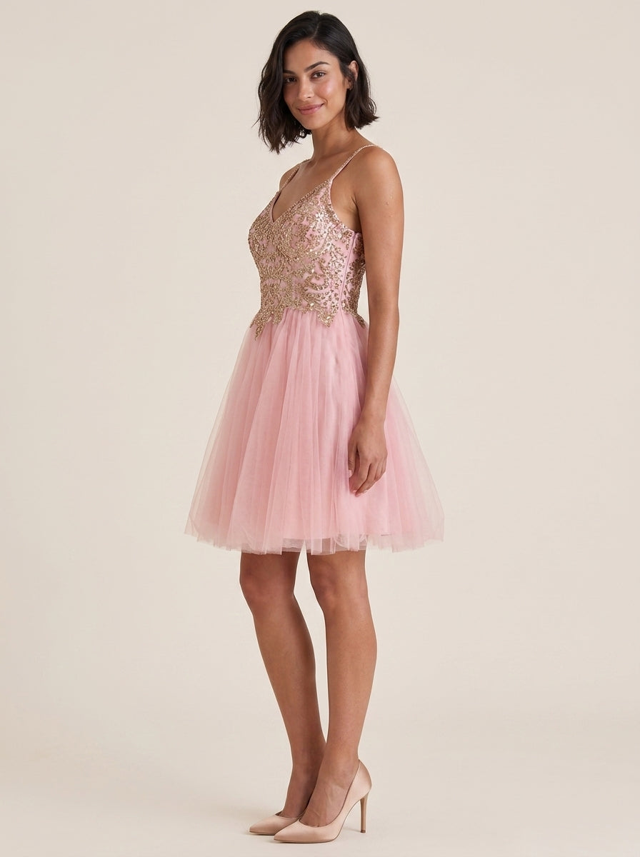 Elegant Sparkly A-Line V-Neck Spaghetti Strap Low V-Back Short Homecoming Dresses