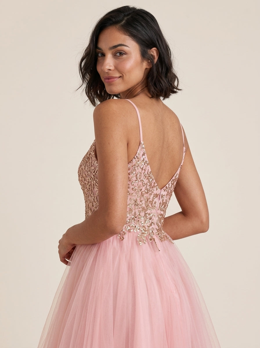 Elegant Sparkly A-Line V-Neck Spaghetti Strap Low V-Back Short Homecoming Dresses