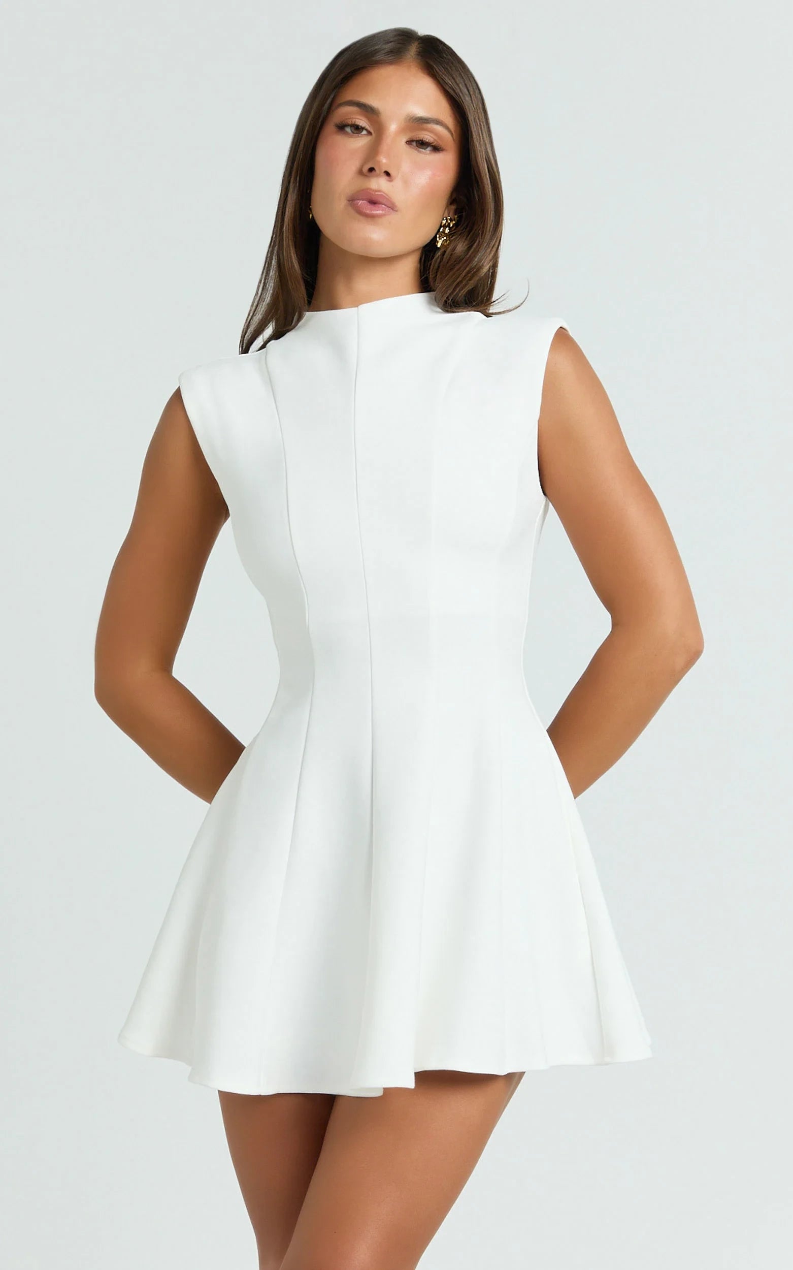 Elegant Structured Fit and Flare High Neck Sleeveless Simple Back Mini Homecoming Dresses