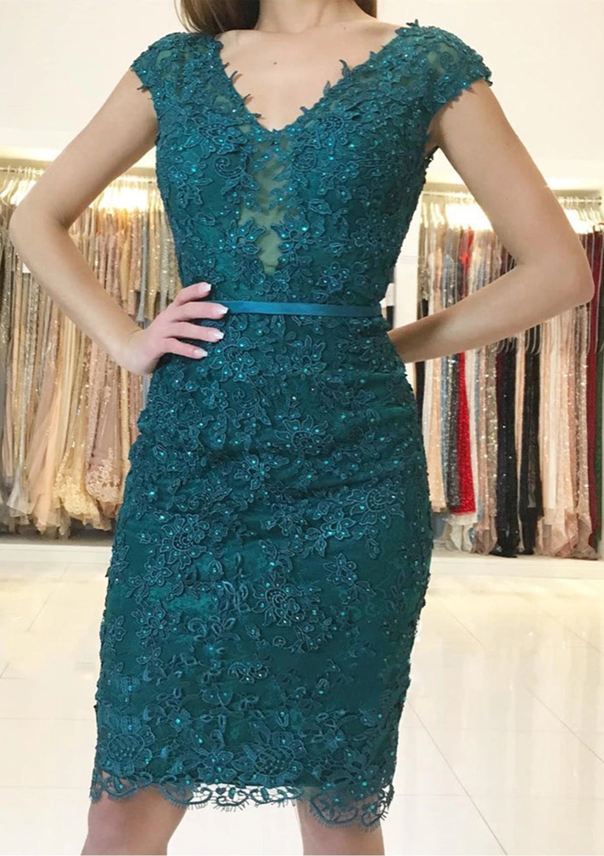 Elegant Teal Lace Sheath V-Neck Cap Sleeve V-Back Knee-Length Homecoming Dress