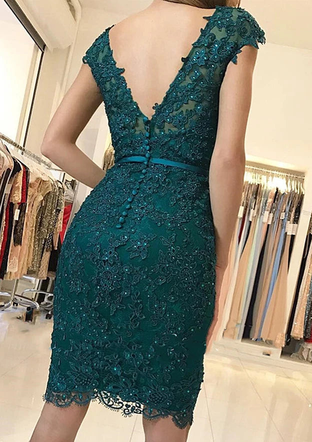 Elegant Teal Lace Sheath V-Neck Cap Sleeve V-Back Knee-Length Homecoming Dress