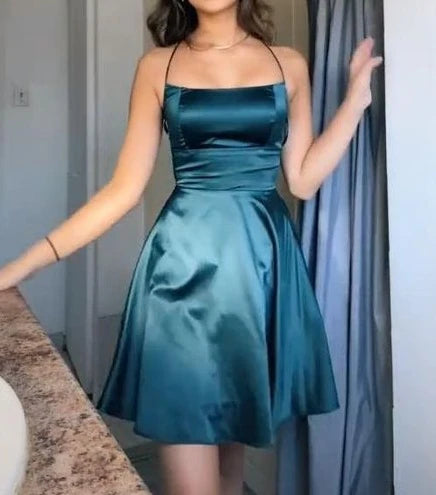 Elegant Teal Satin A-Line Square Neck Spaghetti Strap Open Back Short Homecoming Dress