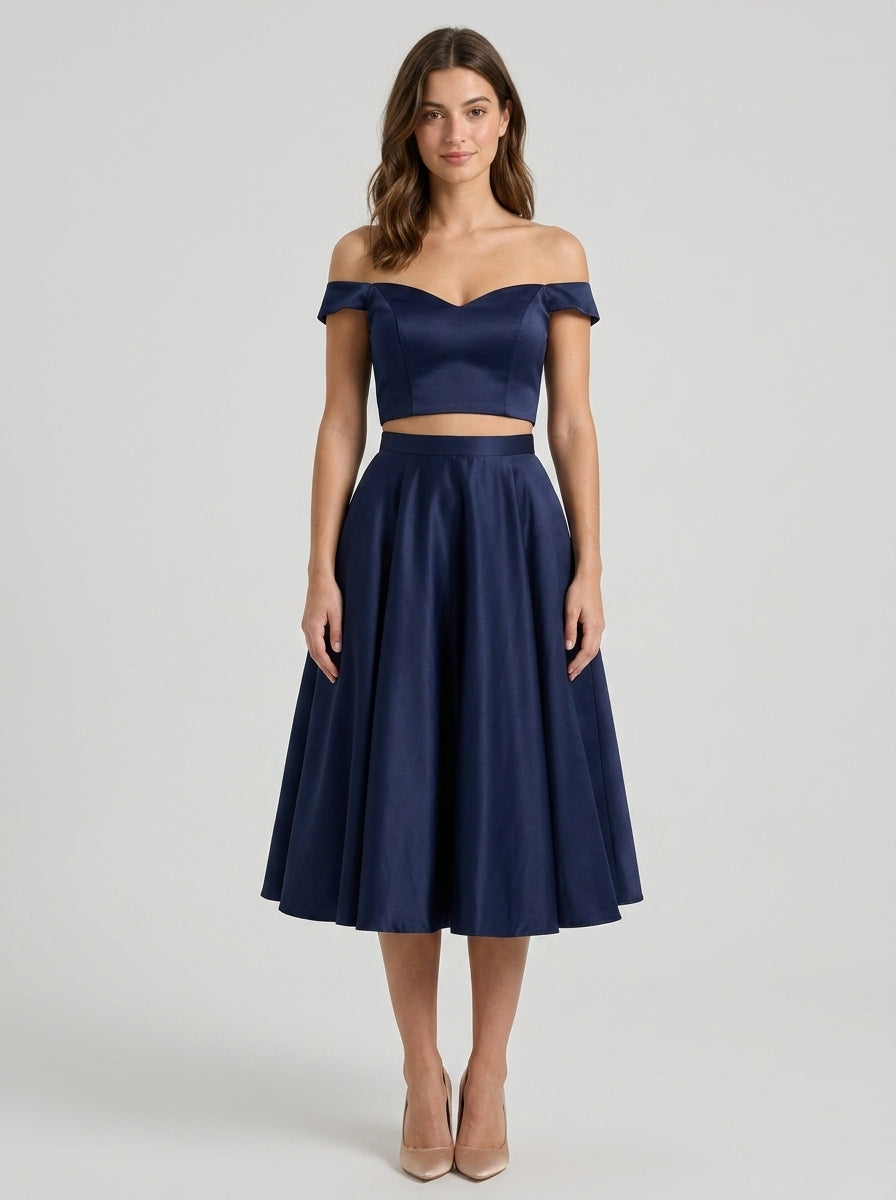 Elegant Two-Piece Off-the-Shoulder Sweetheart Crop Top Lace-Up Back Midi A-Line Homecoming Dresses