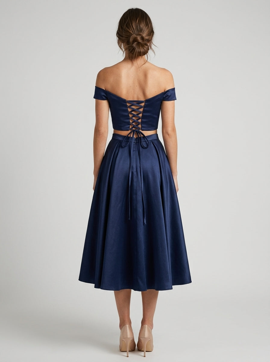 Elegant Two-Piece Off-the-Shoulder Sweetheart Crop Top Lace-Up Back Midi A-Line Homecoming Dresses