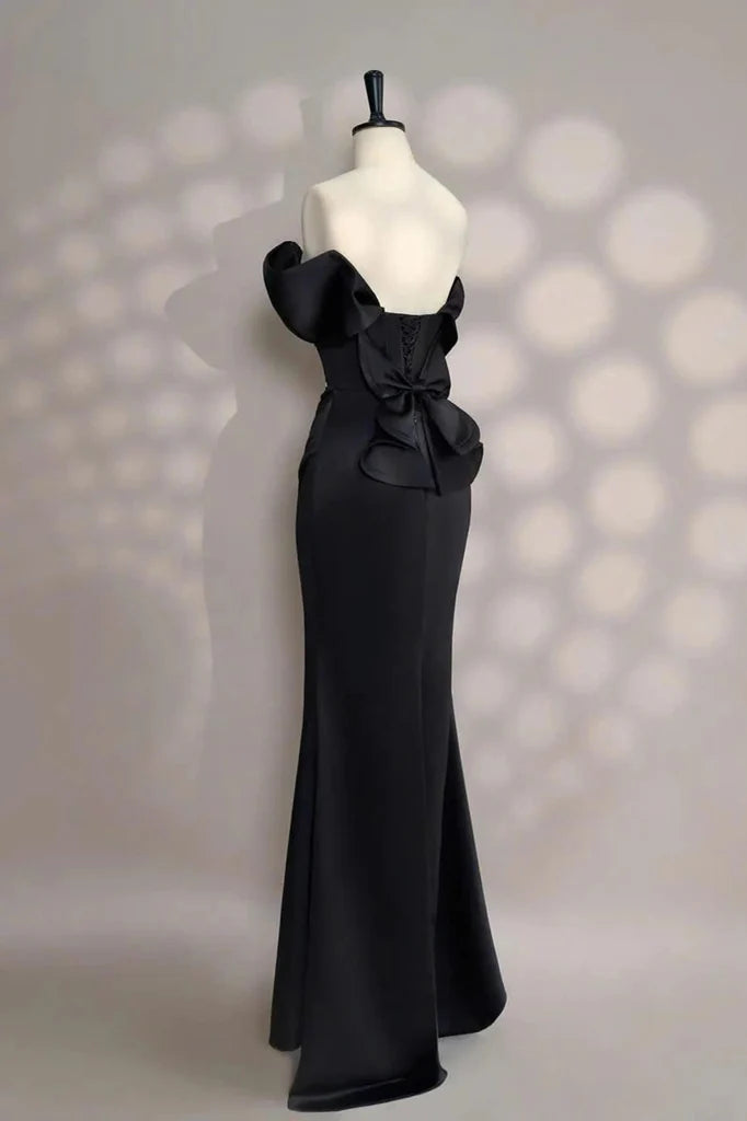 Elegant satin mermaid off the shoulder cowl neck floor length evening dress with beaded corset bodice, draped skirt, oversized bow back and lace up detail