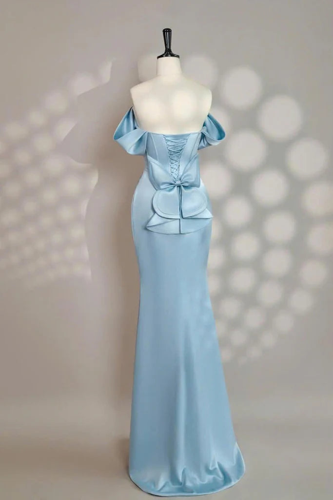 Elegant satin mermaid off the shoulder cowl neck floor length evening dress with beaded corset bodice, draped skirt, oversized bow back and lace up detail